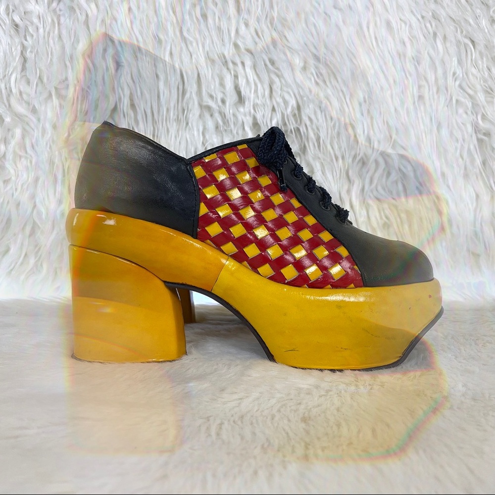 Vintage 70s Yellow Black & Red Checkerboard Funk Platforms
